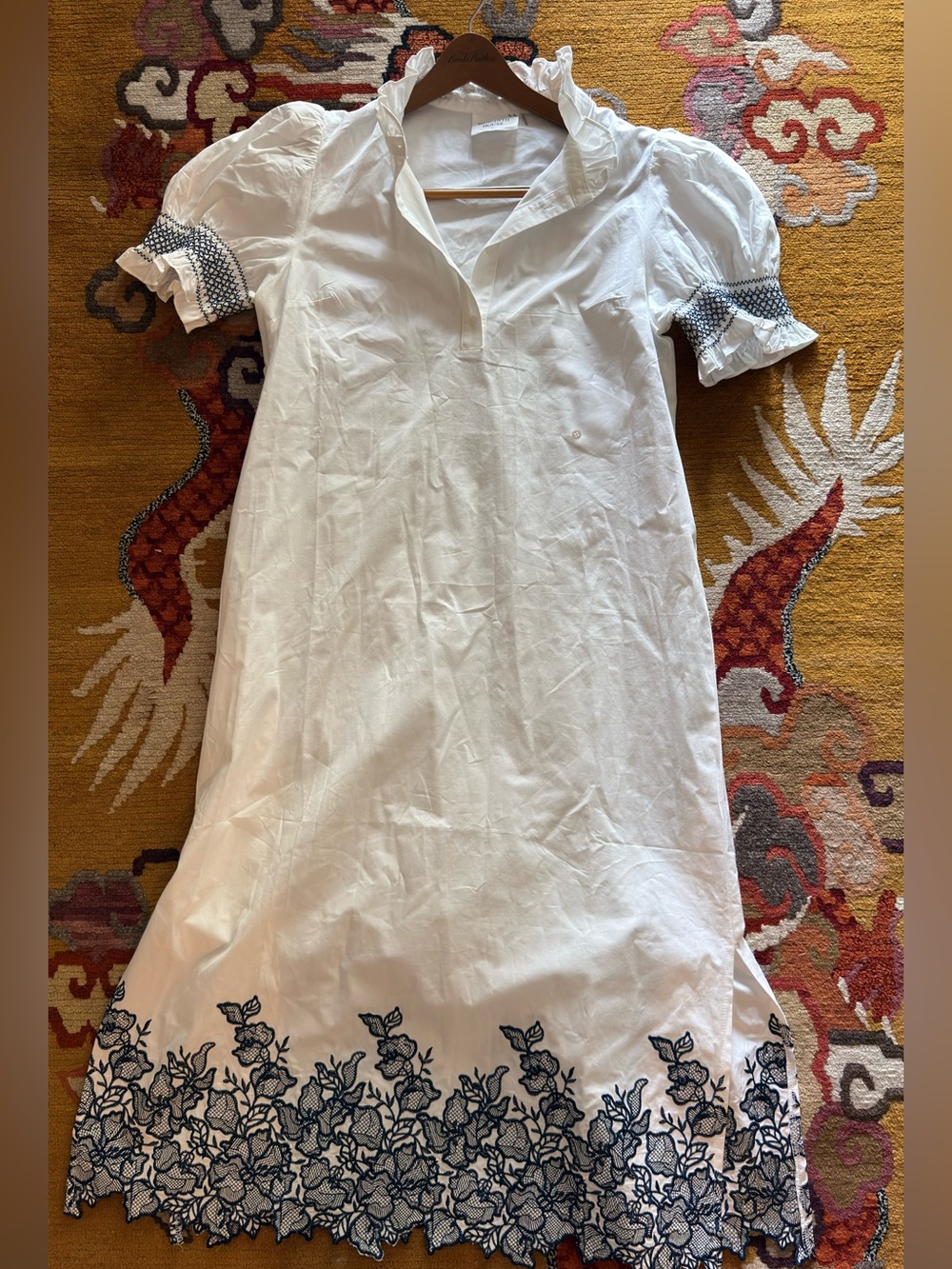 Hyacinth House White Embroidered Midi Dress with Navy Trim Large - Picture 5 of 5